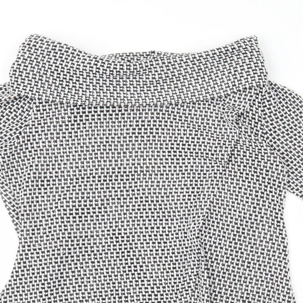Roman Womens Black Geometric Polyester A-Line Size 10 Roll Neck Pullover - Wrap Over Front
