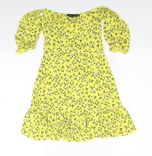 PRETTYLITTLETHING Womens Yellow Floral Viscose Mini Size 6 Off the Shoulder Pullover - Cold Shoulder