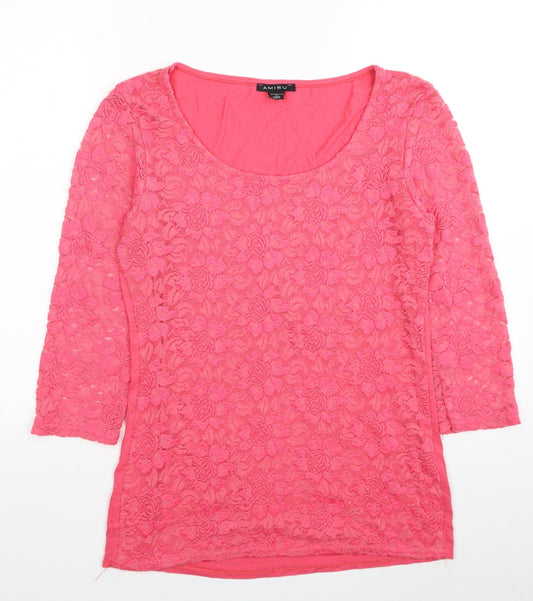 Amisu Womens Pink Floral Viscose Basic Blouse Size XL Scoop Neck