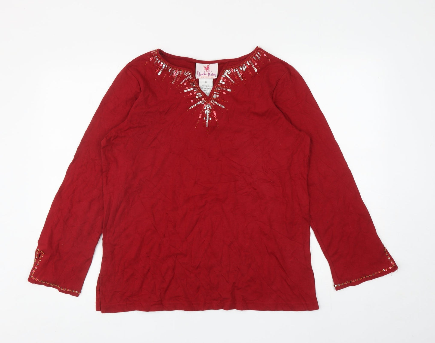 Quacker Factory Womens Red Cotton Jersey T-Shirt Size M V-Neck - Embellished Neckline