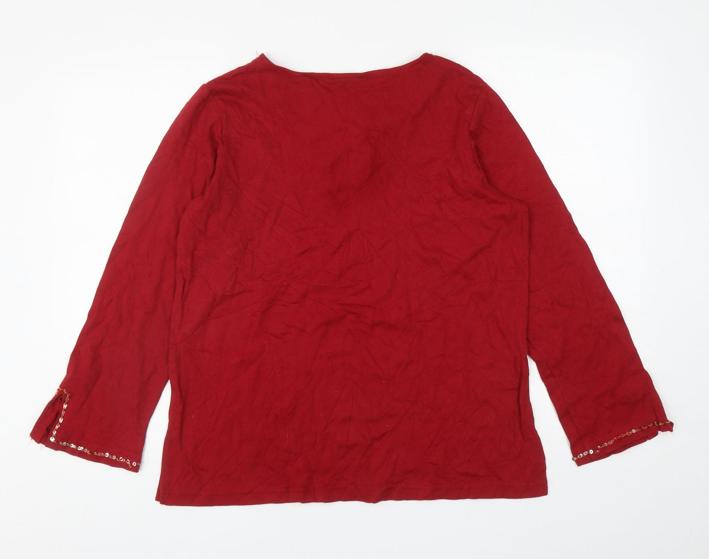 Quacker Factory Womens Red Cotton Jersey T-Shirt Size M V-Neck - Embellished Neckline