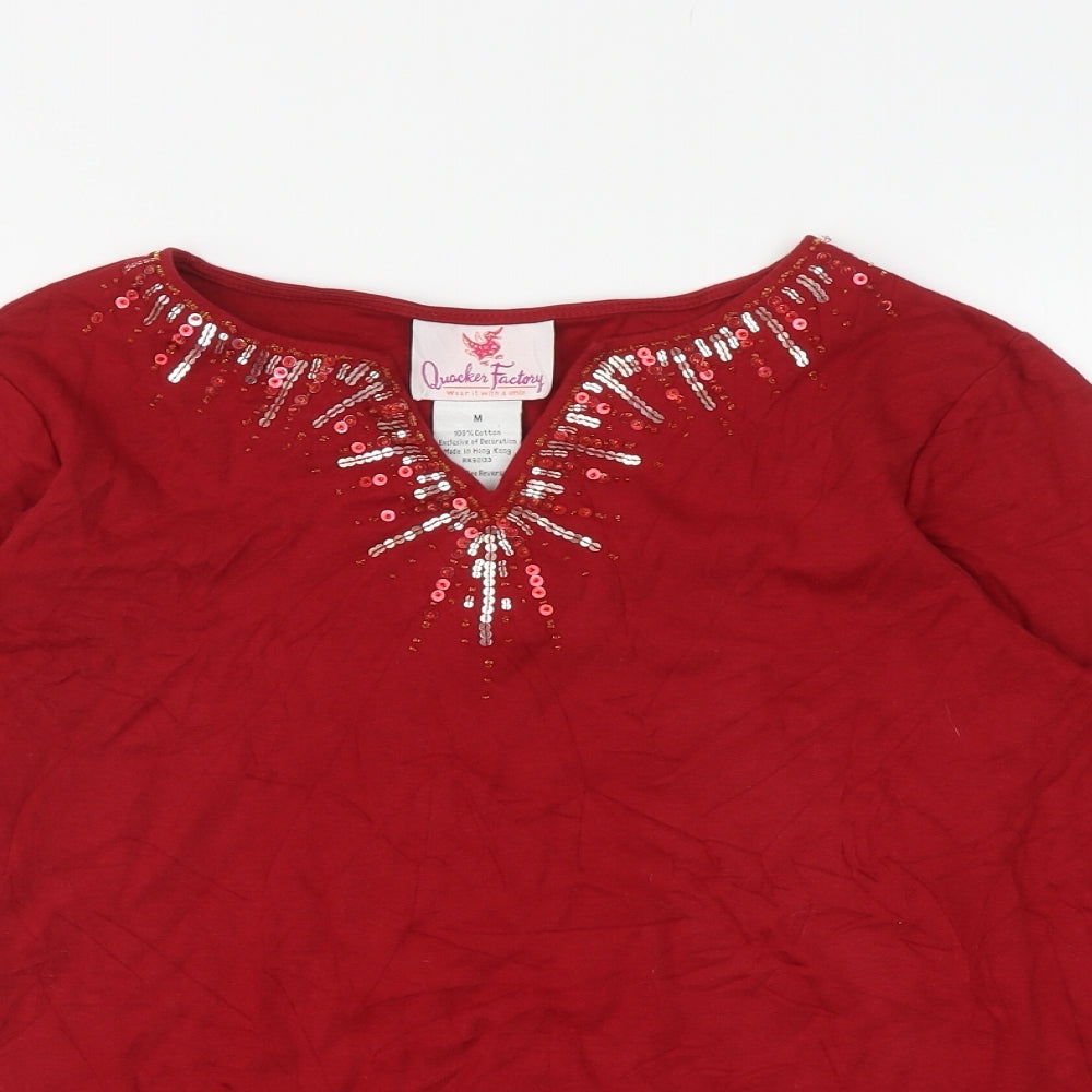 Quacker Factory Womens Red Cotton Jersey T-Shirt Size M V-Neck - Embellished Neckline