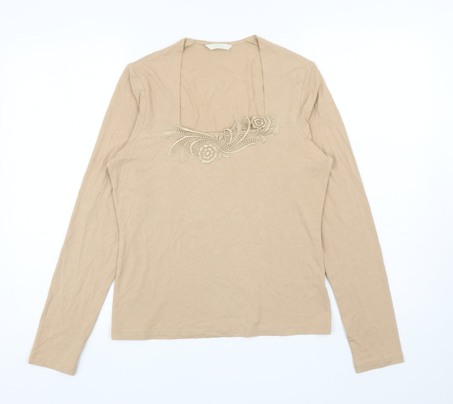 Marks and Spencer Womens Beige Viscose Jersey T-Shirt Size 12 Square Neck - Flowers