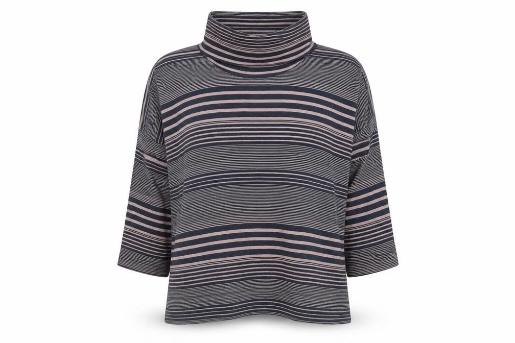 Adini Womens Black Striped Viscose Jersey T-Shirt Size L Roll Neck
