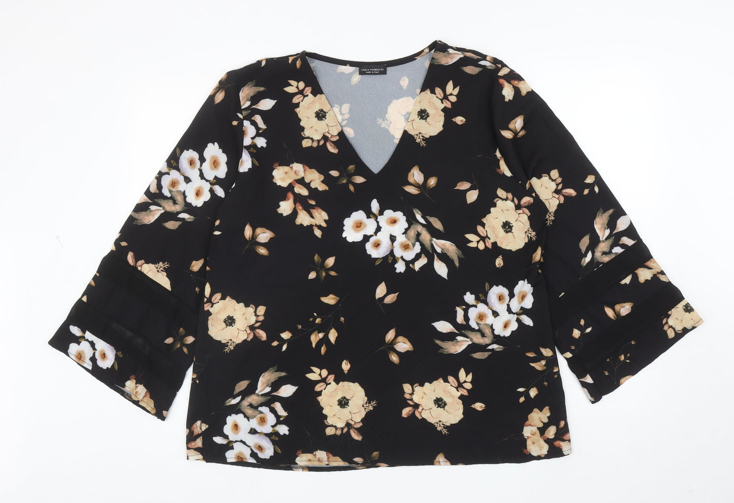 Luca Vanucci Womens Black Floral Polyester Basic Blouse Size L V-Neck