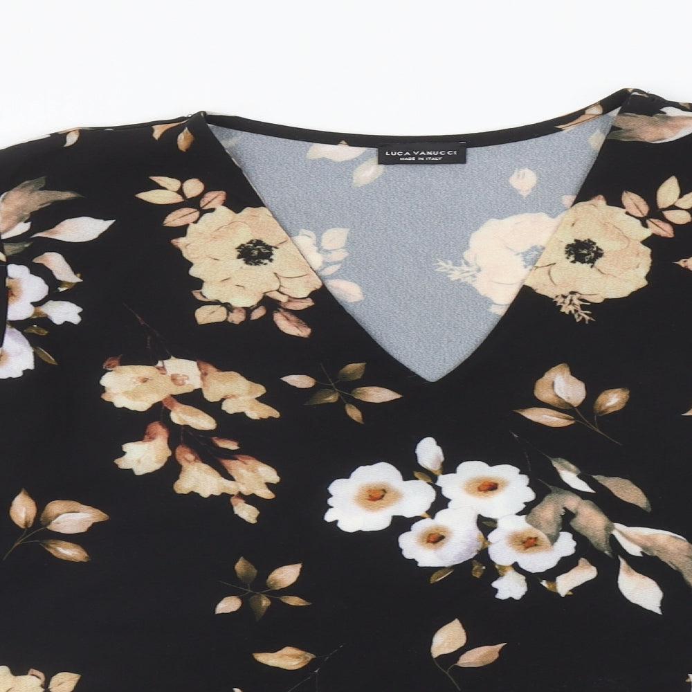 Luca Vanucci Womens Black Floral Polyester Basic Blouse Size L V-Neck