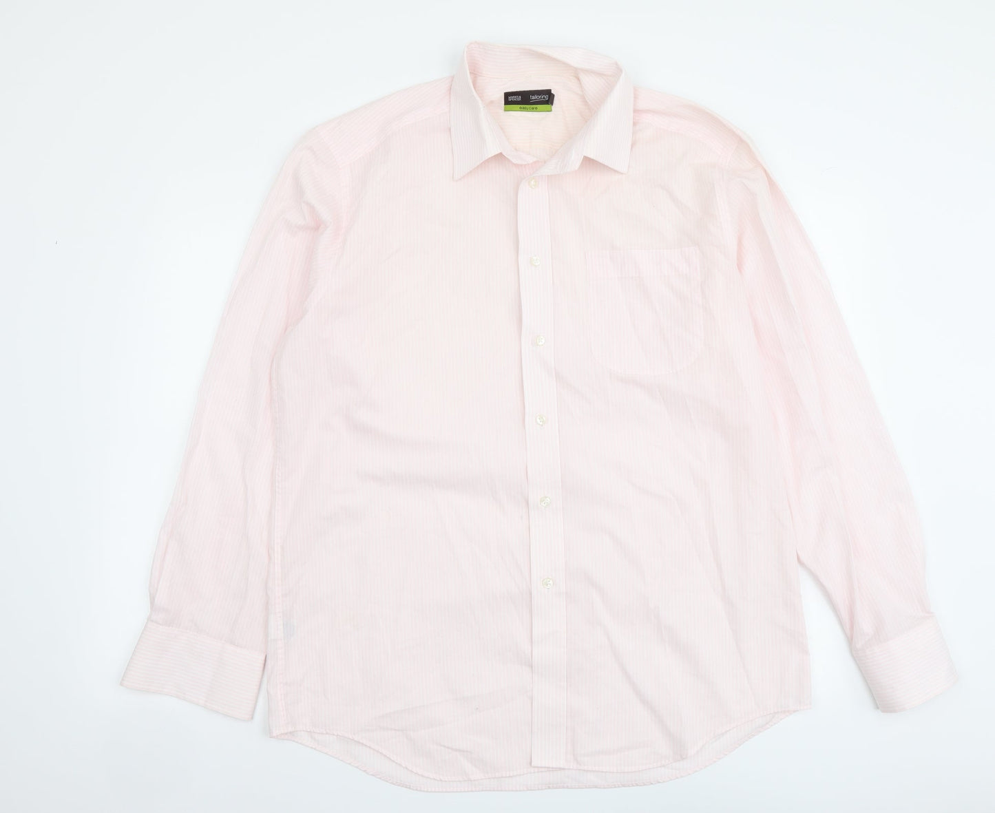 Marks and Spencer Mens Pink Striped Polyester Button-Up Size 16 Collared Button