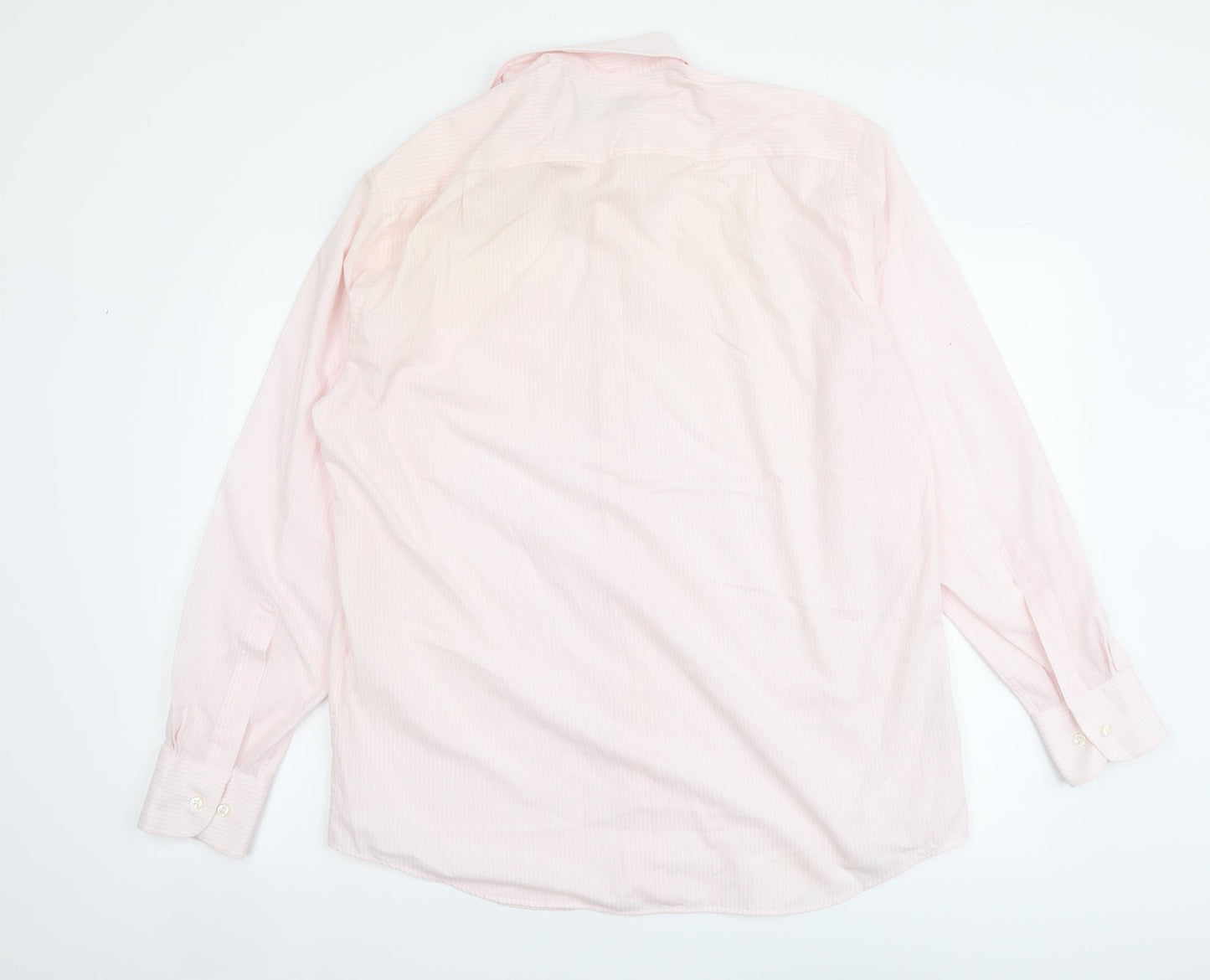 Marks and Spencer Mens Pink Striped Polyester Button-Up Size 16 Collared Button