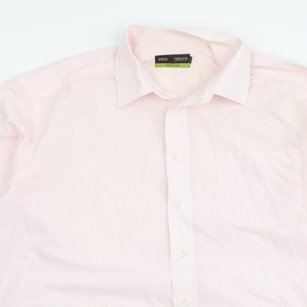 Marks and Spencer Mens Pink Striped Polyester Button-Up Size 16 Collared Button