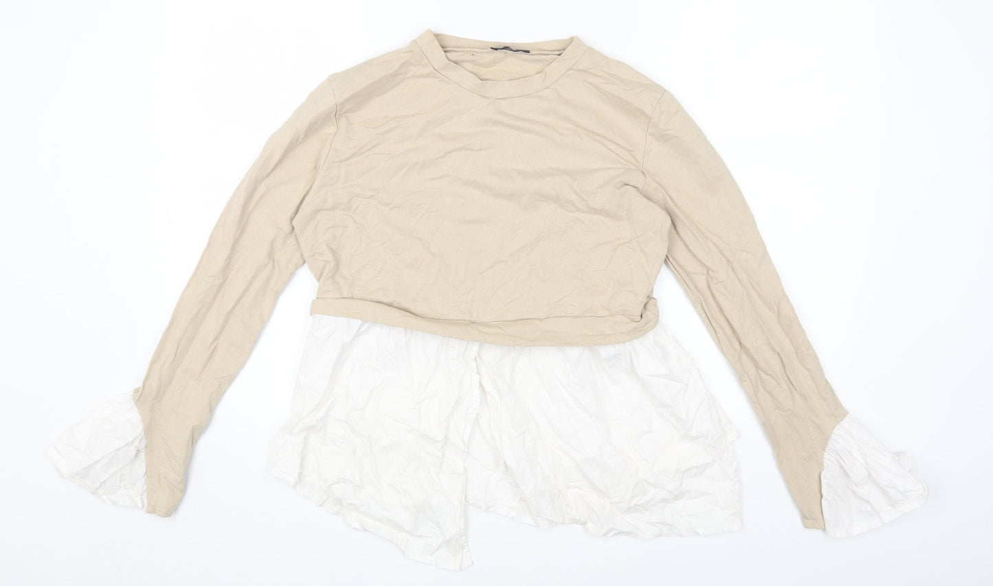 PRETTYLITTLETHING Womens Beige Cotton Basic T-Shirt Size 6 Round Neck