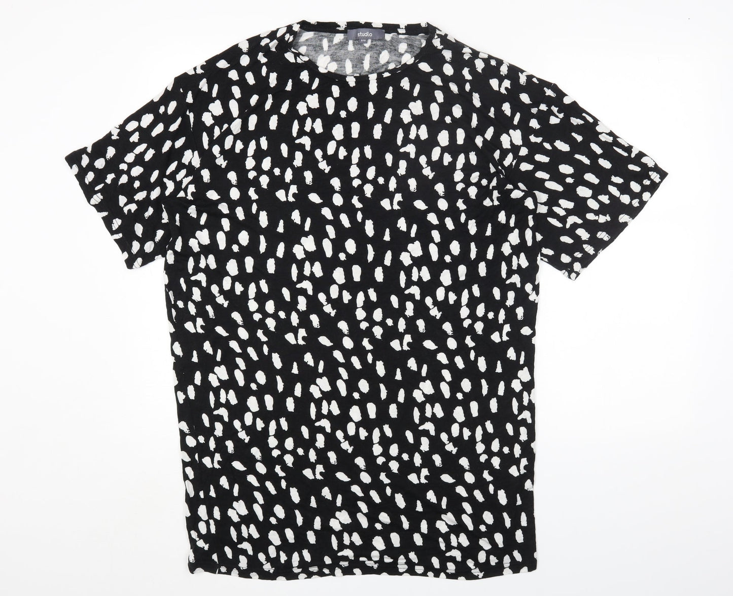 Studio Womens Black Geometric Viscose Basic T-Shirt Size 8 Round Neck