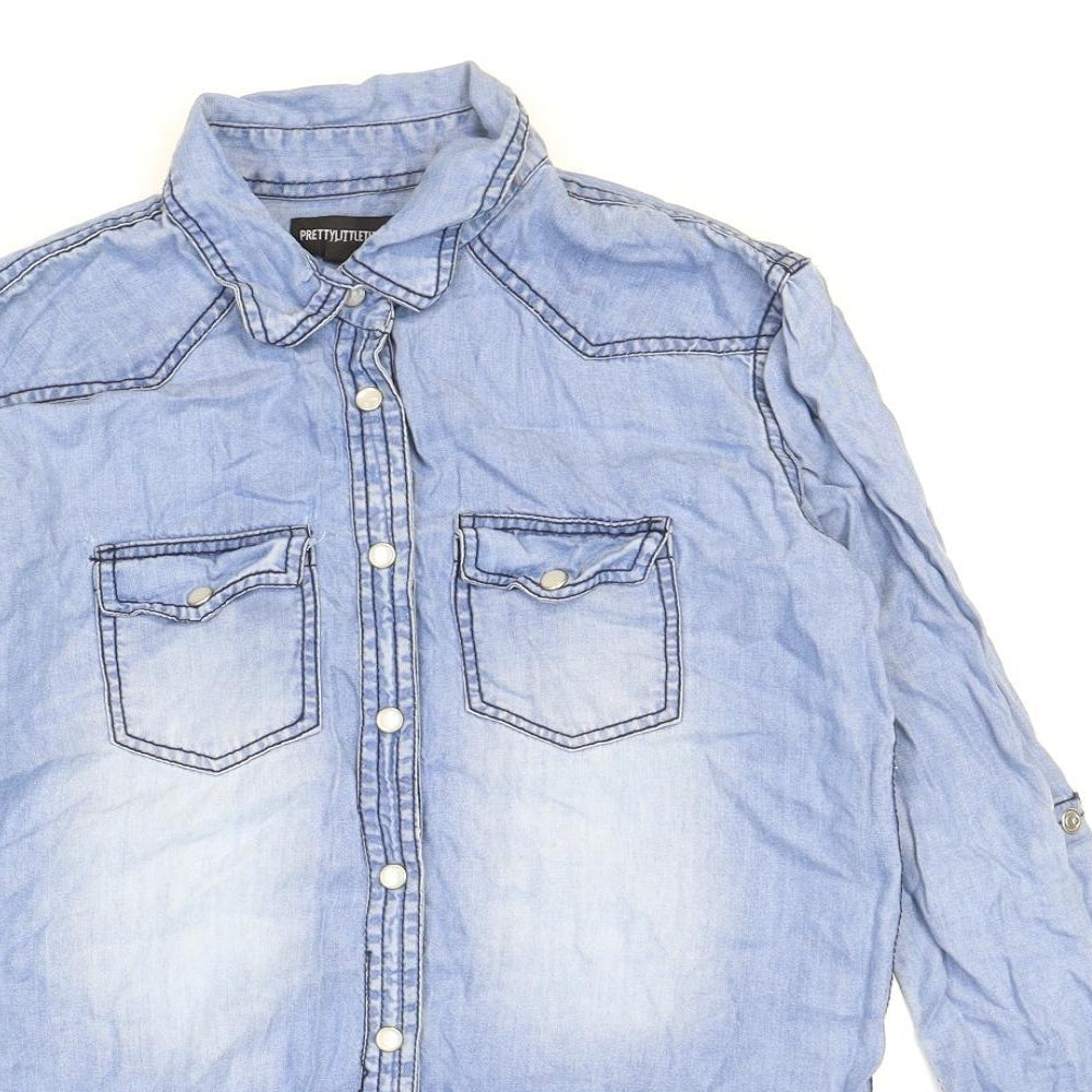 PRETTYLITTLETHING Womens Blue Cotton Basic Button-Up Size 6 Collared
