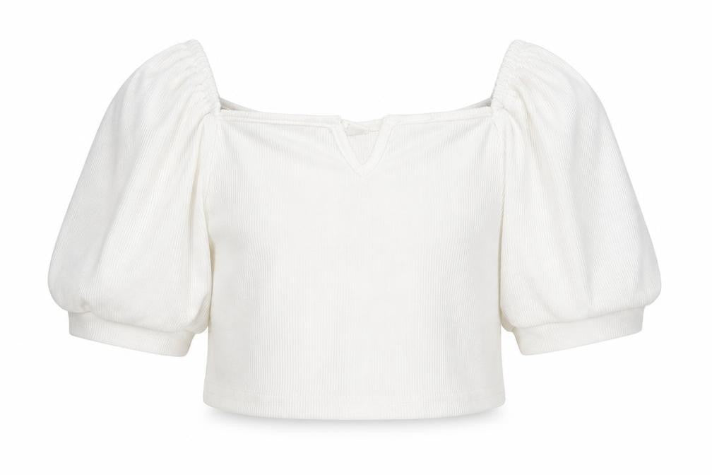 SheIn Girls White Polyester Cropped T-Shirt Size 11-12 Years Square Neck Pullover - Balloon Sleeve