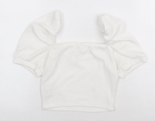 SheIn Girls White Polyester Cropped T-Shirt Size 11-12 Years Square Neck Pullover - Balloon Sleeve