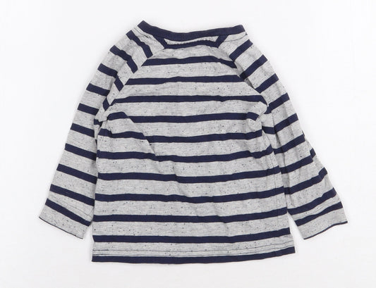 George Boys Grey Striped Cotton Basic T-Shirt Size 6-9 Months Round Neck Button