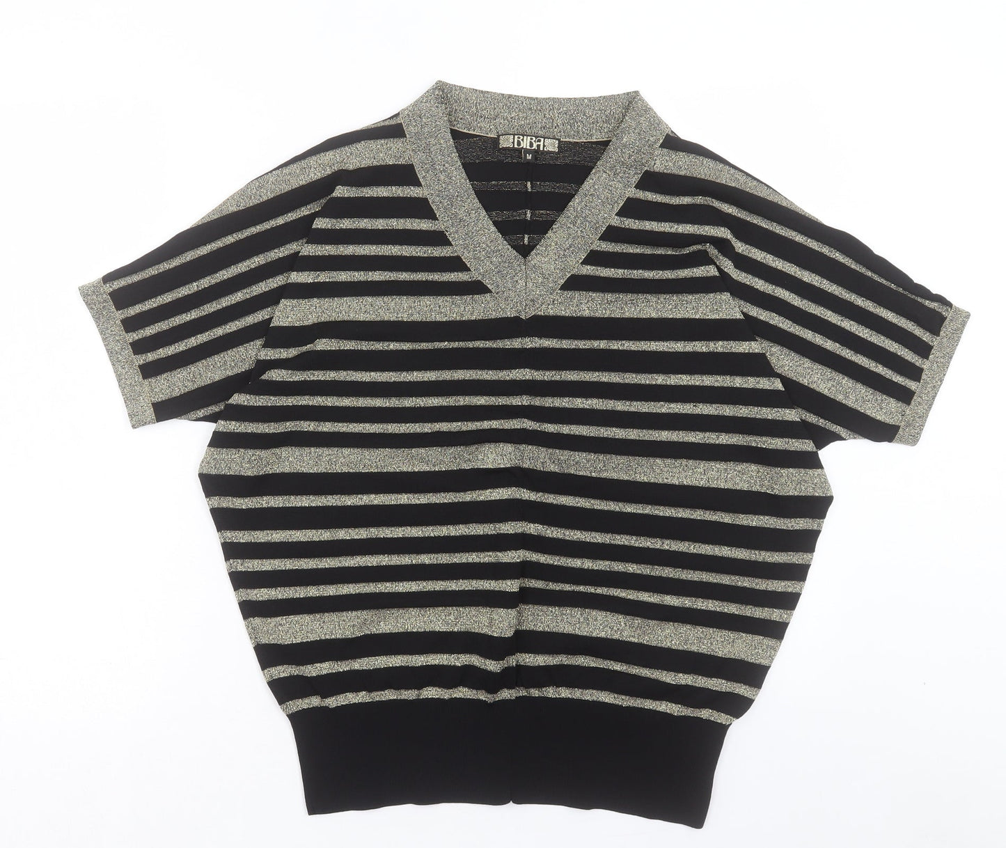 House of Fraser Womens Gold V-Neck Striped Viscose Pullover Jumper Size M