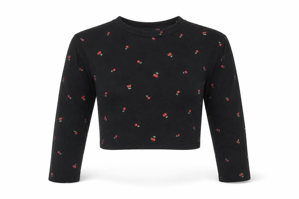 PINK Womens Black Geometric Cotton Cropped T-Shirt Size M Round Neck - Cherries