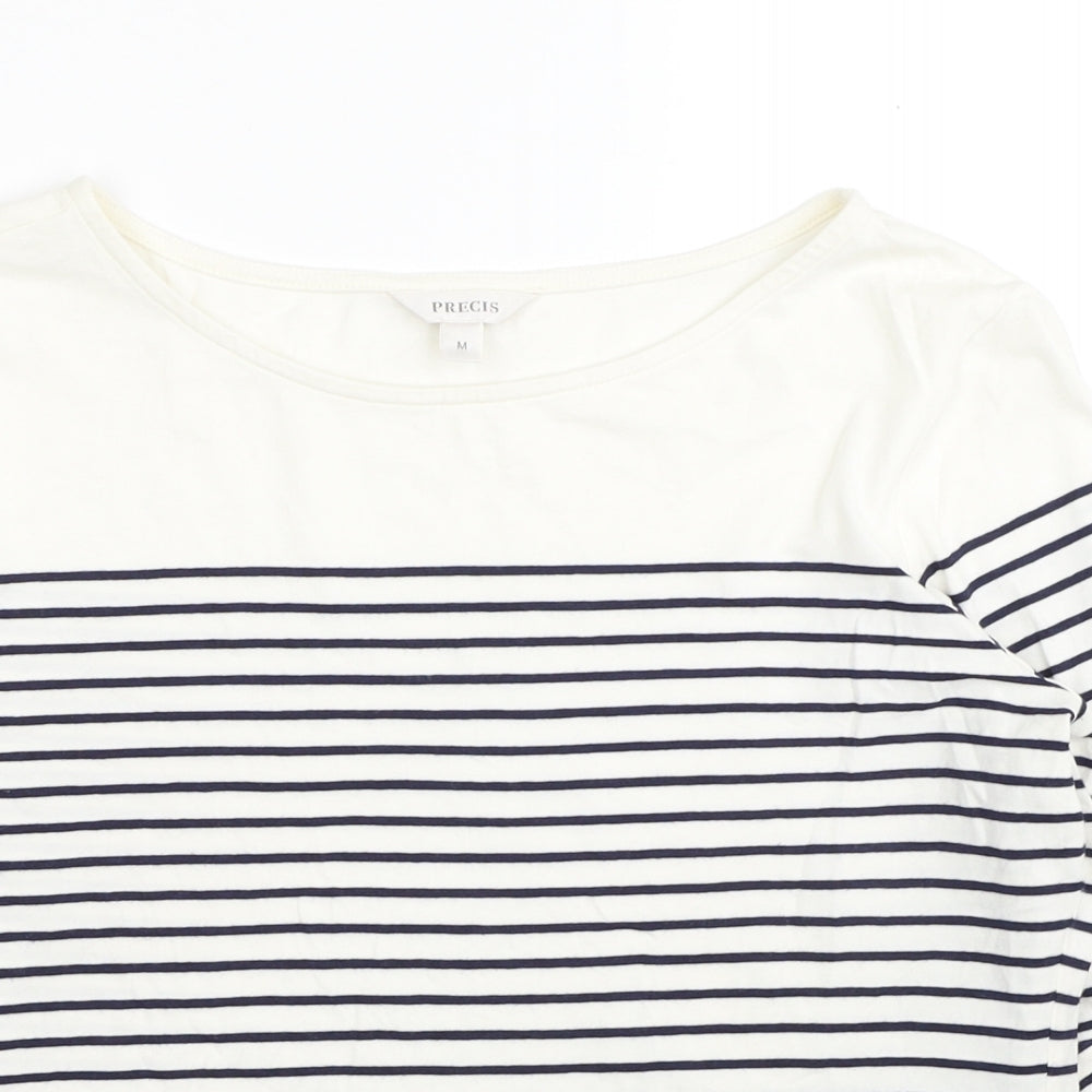 Precis Womens White Striped Cotton Basic T-Shirt Size M Boat Neck