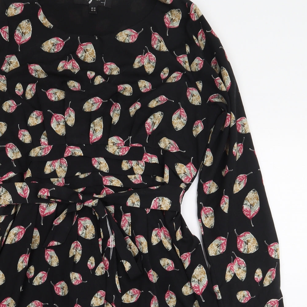 Rayzzo Womens Black Floral Polyester A-Line Size 12 Boat Neck Pullover - Leaf Print