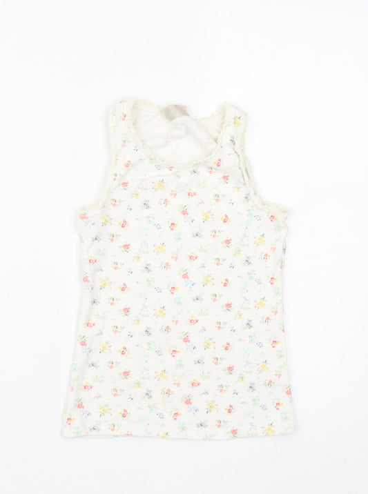 NEXT Girls White Floral Cotton Basic Tank Size 8 Years Round Neck Pullover