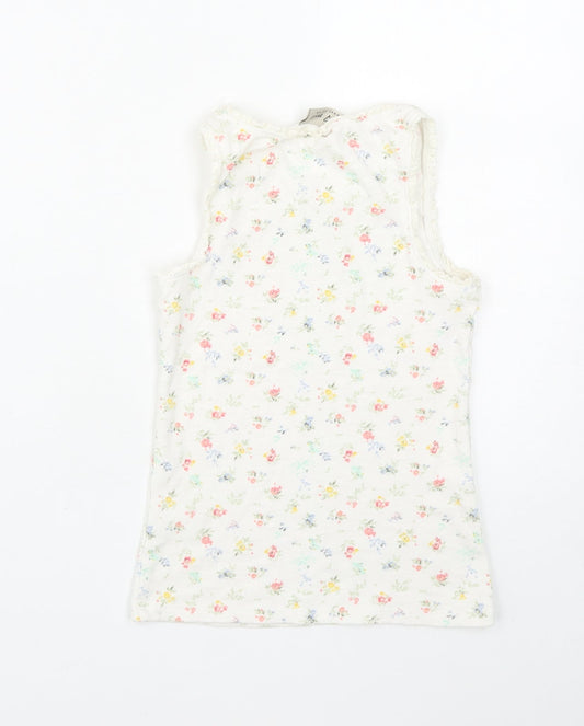 NEXT Girls White Floral Cotton Basic Tank Size 8 Years Round Neck Pullover