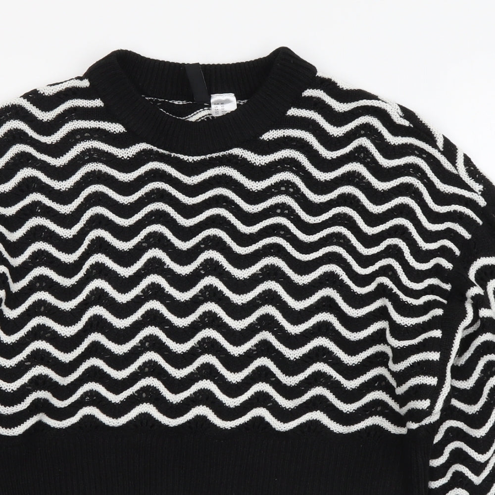 H&M Womens Black Round Neck Striped Acrylic Pullover Jumper Size XS
