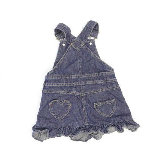 NEXT Girls Blue Cotton Pinafore/Dungaree Dress Size 2 Years Square Neck Buckle - Hearts