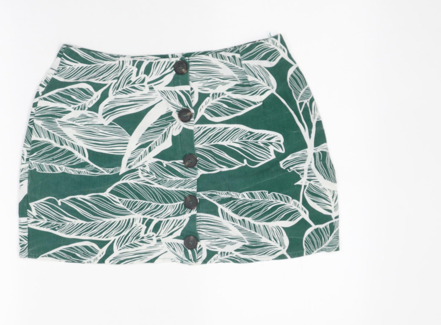Preworn Womens Green Floral Polyester Mini Skirt Size M Button