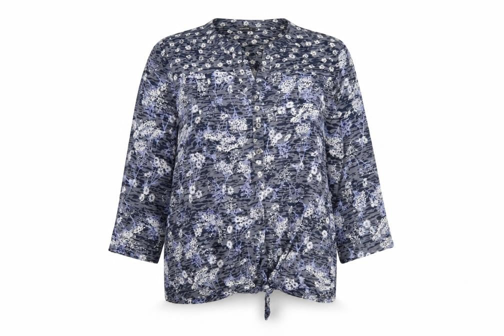 Roman Womens Grey Floral Polyester Basic Button-Up Size 12 V-Neck