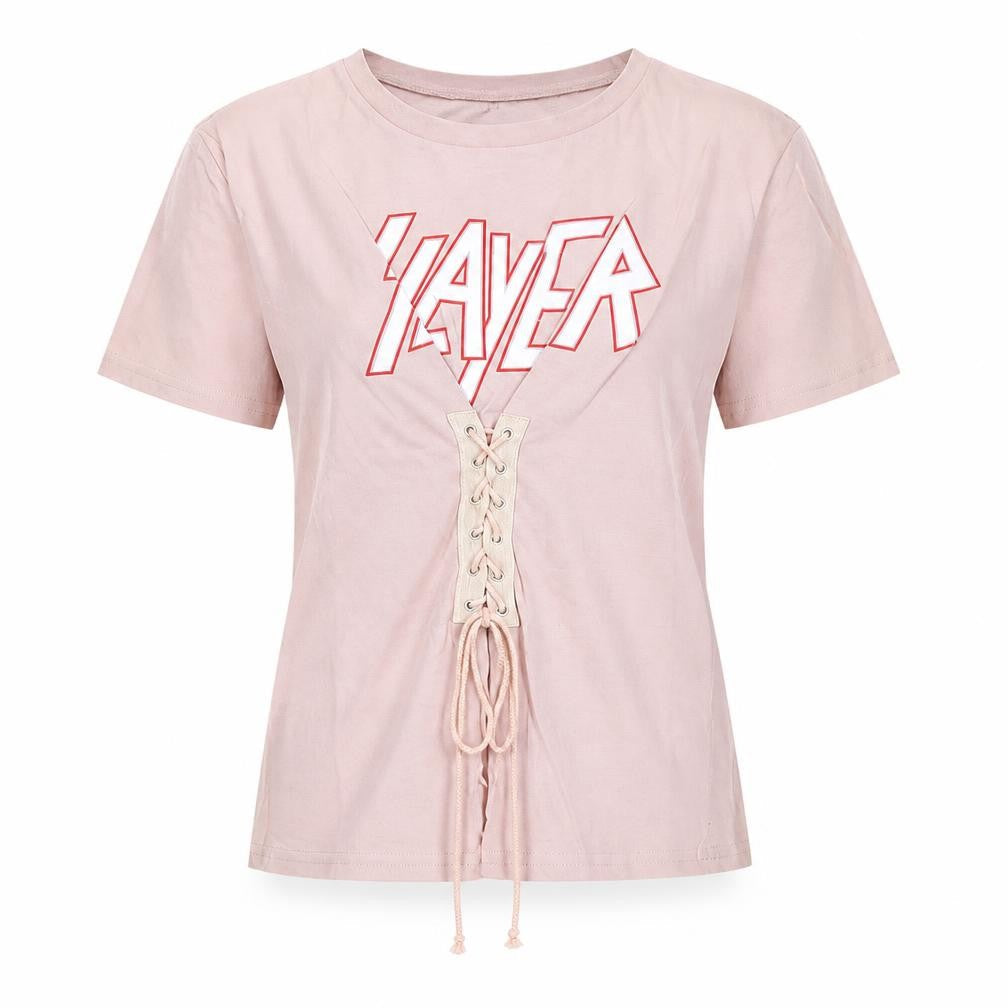 Eight Womens Pink Cotton Basic T-Shirt Size S Round Neck - Lace Up Detail