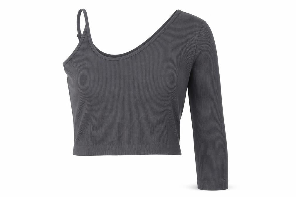 PRETTYLITTLETHING Womens Grey Polyamide Cropped T-Shirt Size L Off the Shoulder