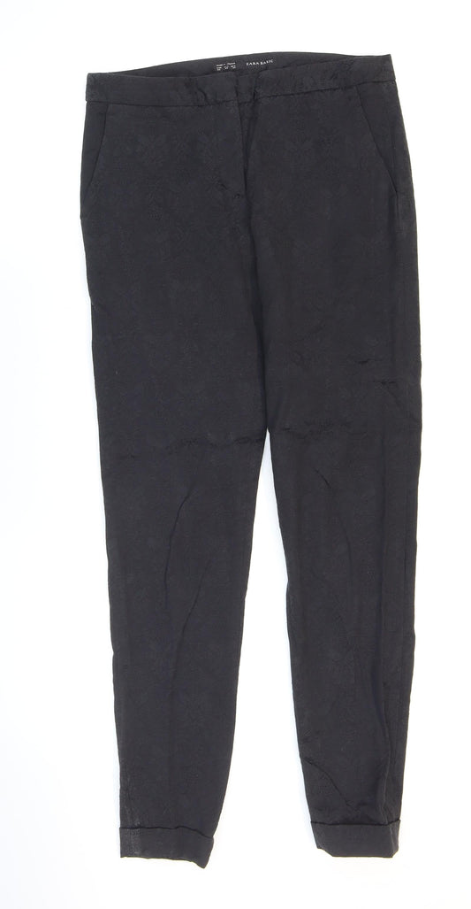 Zara Womens Black Floral Polyester Carrot Trousers Size 4 L27 in Regular Zip - Damask Pattern