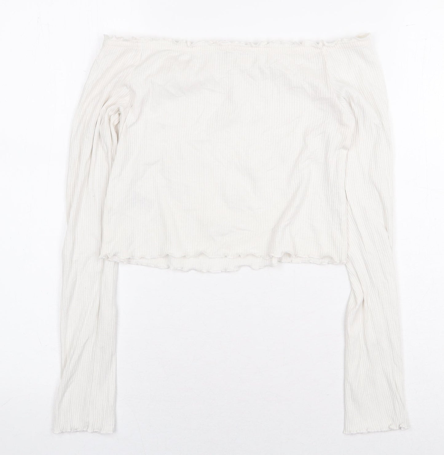 H&M Womens White Cotton Cropped Blouse Size S Off the Shoulder - Ribbed