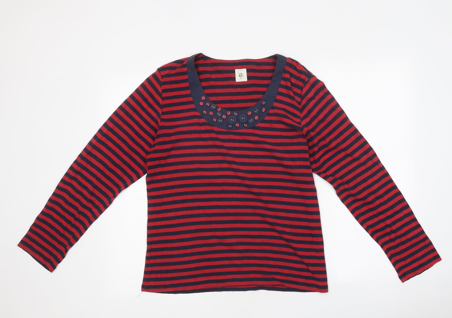 Iz Womens Red Striped Polyester Basic T-Shirt Size M Scoop Neck