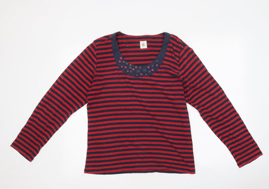 Iz Womens Red Striped Polyester Basic T-Shirt Size M Scoop Neck