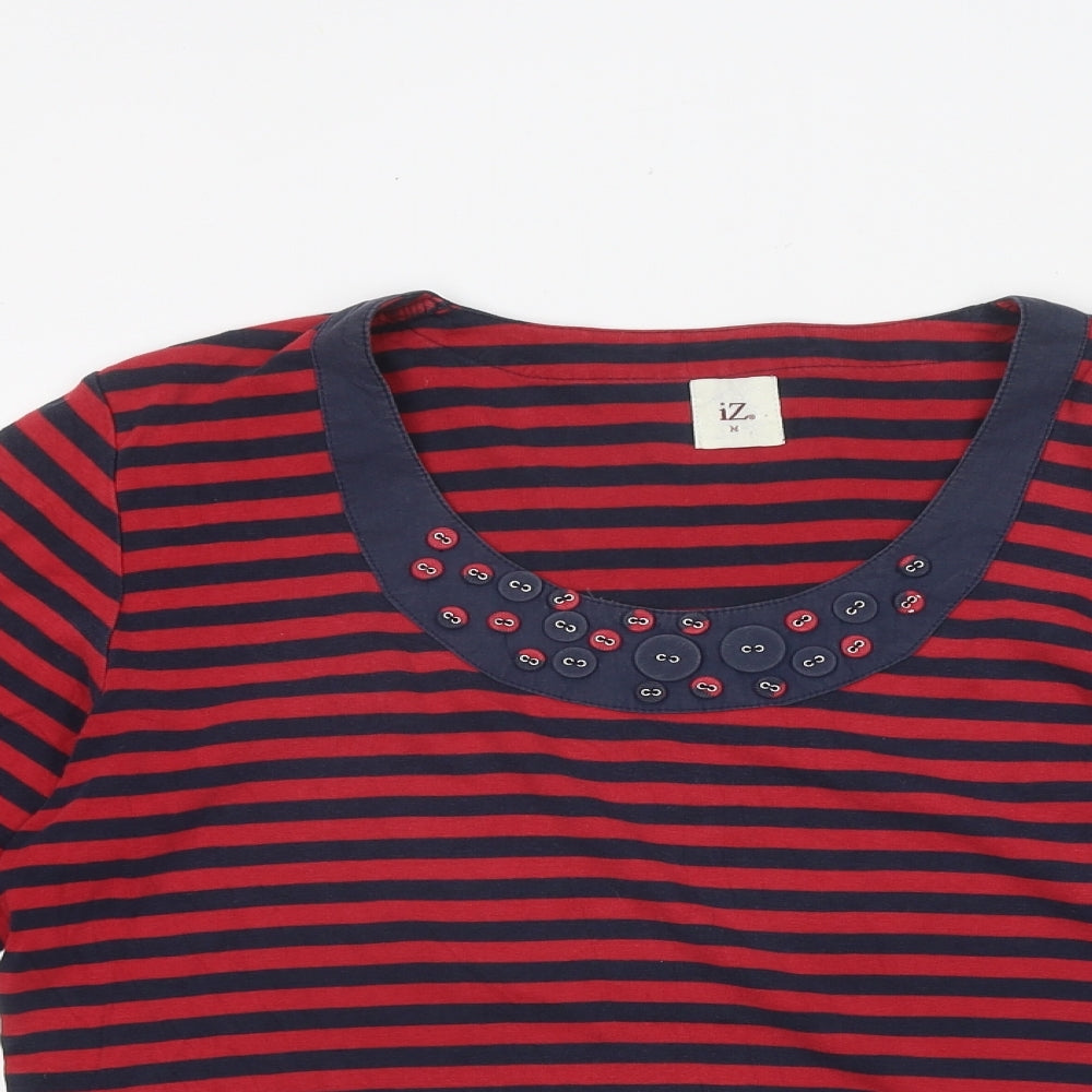 Iz Womens Red Striped Polyester Basic T-Shirt Size M Scoop Neck