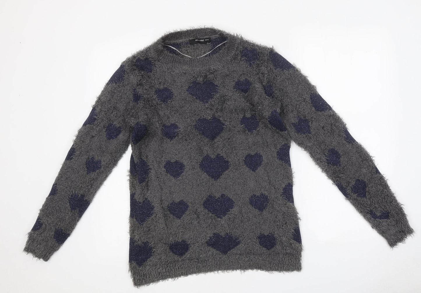 AKD-A-WEST Womens Grey Round Neck Geometric Polyester Pullover Jumper Size 12 - Heart Pattern