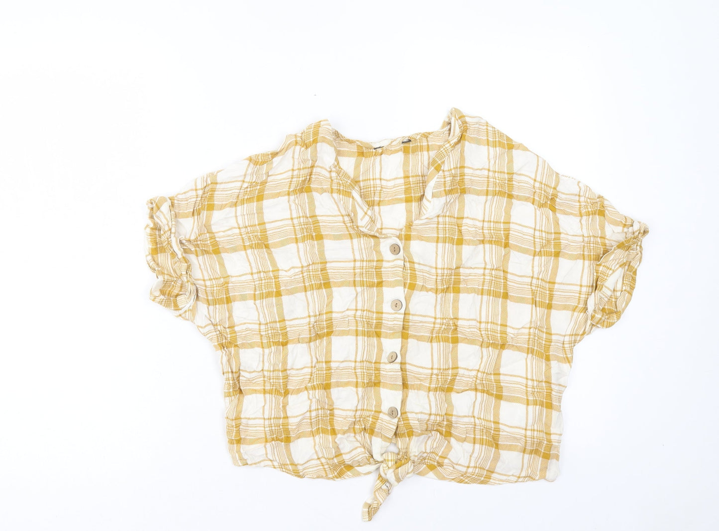 New Look Womens Yellow Plaid Viscose Basic Button-Up Size 14 V-Neck - Tie At Front