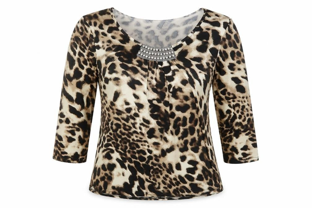 Roman Womens Brown Animal Print Polyester Basic T-Shirt Size 14 Scoop Neck