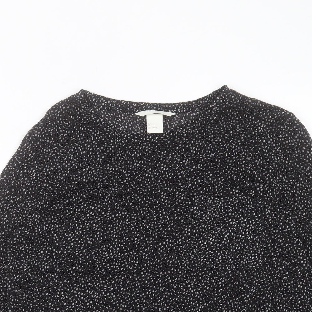 H&M Womens Black Floral Polyester Basic T-Shirt Size XS Crew Neck - Pocket Detail