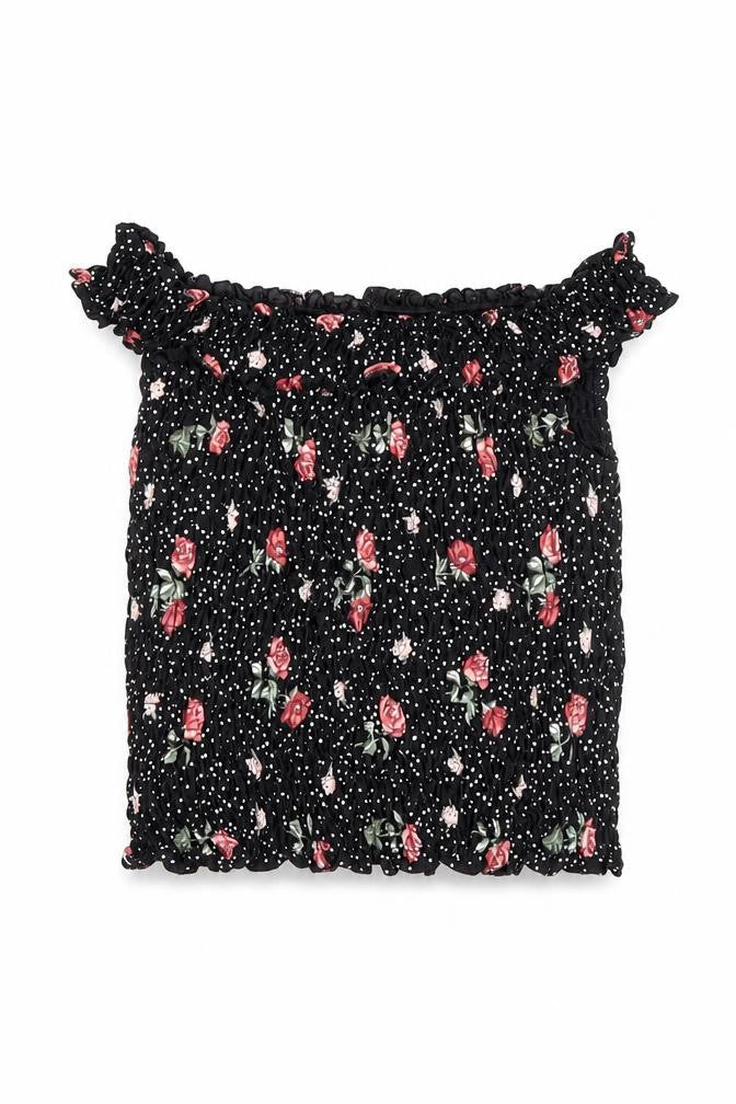 NEXT Girls Black Polka Dot Cotton Cropped T-Shirt Size 9 Years Off the Shoulder Pullover - Floral