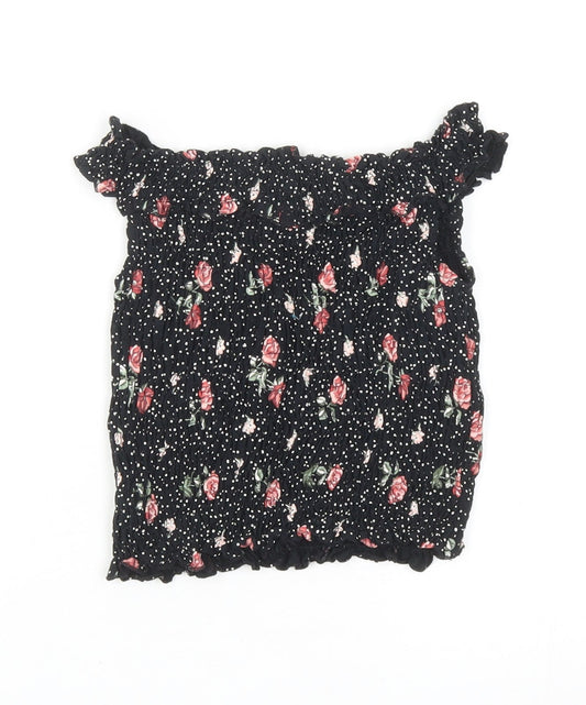 NEXT Girls Black Polka Dot Cotton Cropped T-Shirt Size 9 Years Off the Shoulder Pullover - Floral