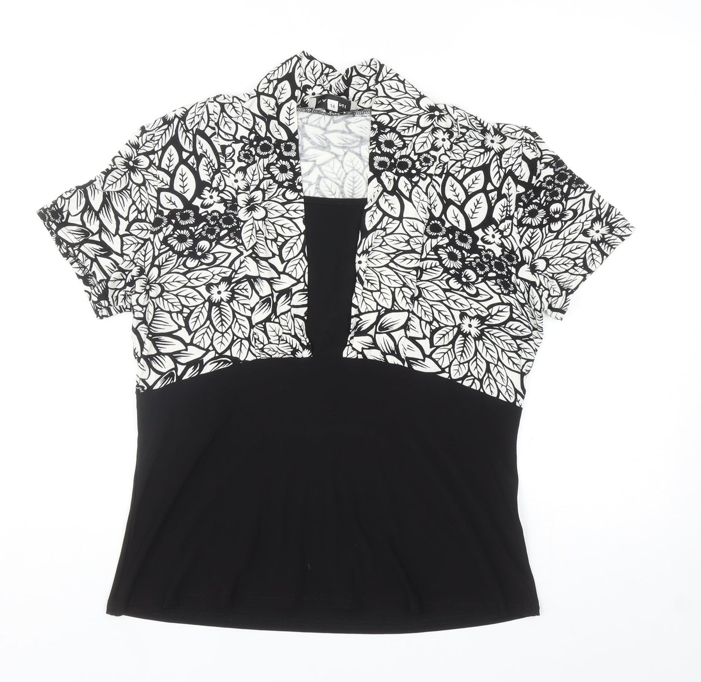 BASSINI Womens Black Floral Polyester Basic Blouse Size 14 Square Neck