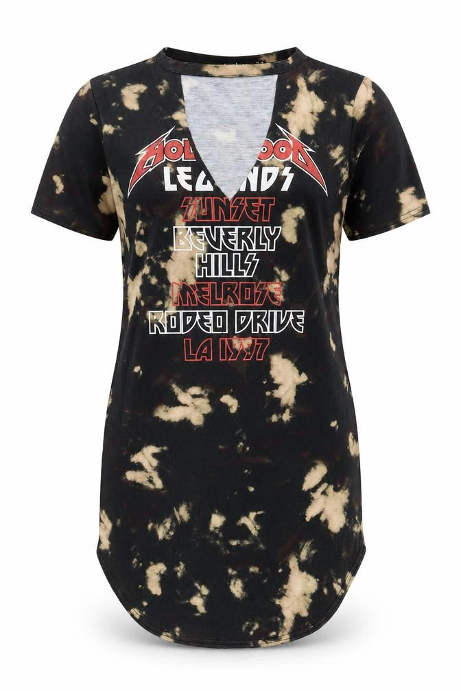 Boohoo Womens Black Polyester Tunic T-Shirt Size 8 V-Neck - Beverly Hills, Tie Dye