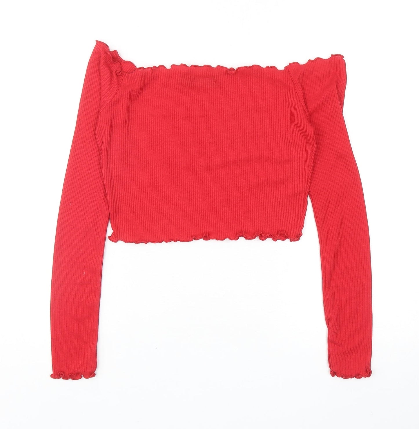 PRETTYLITTLETHING Womens Red Polyester Cropped T-Shirt Size 8 Off the Shoulder - Ribbed