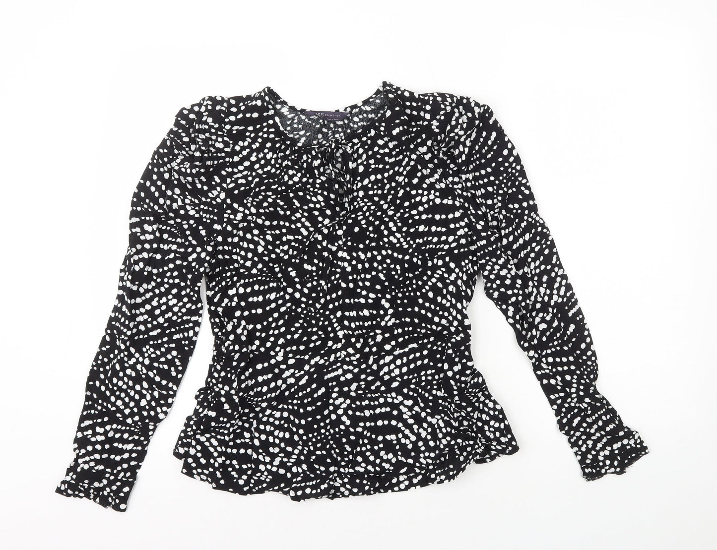 Marks and Spencer Womens Black Geometric Viscose Basic Blouse Size 8 Round Neck - Peplum