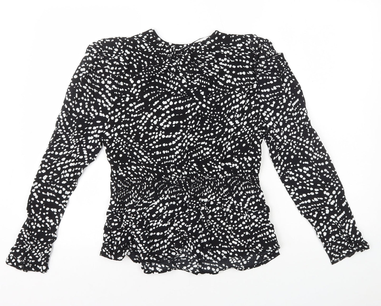 Marks and Spencer Womens Black Geometric Viscose Basic Blouse Size 8 Round Neck - Peplum