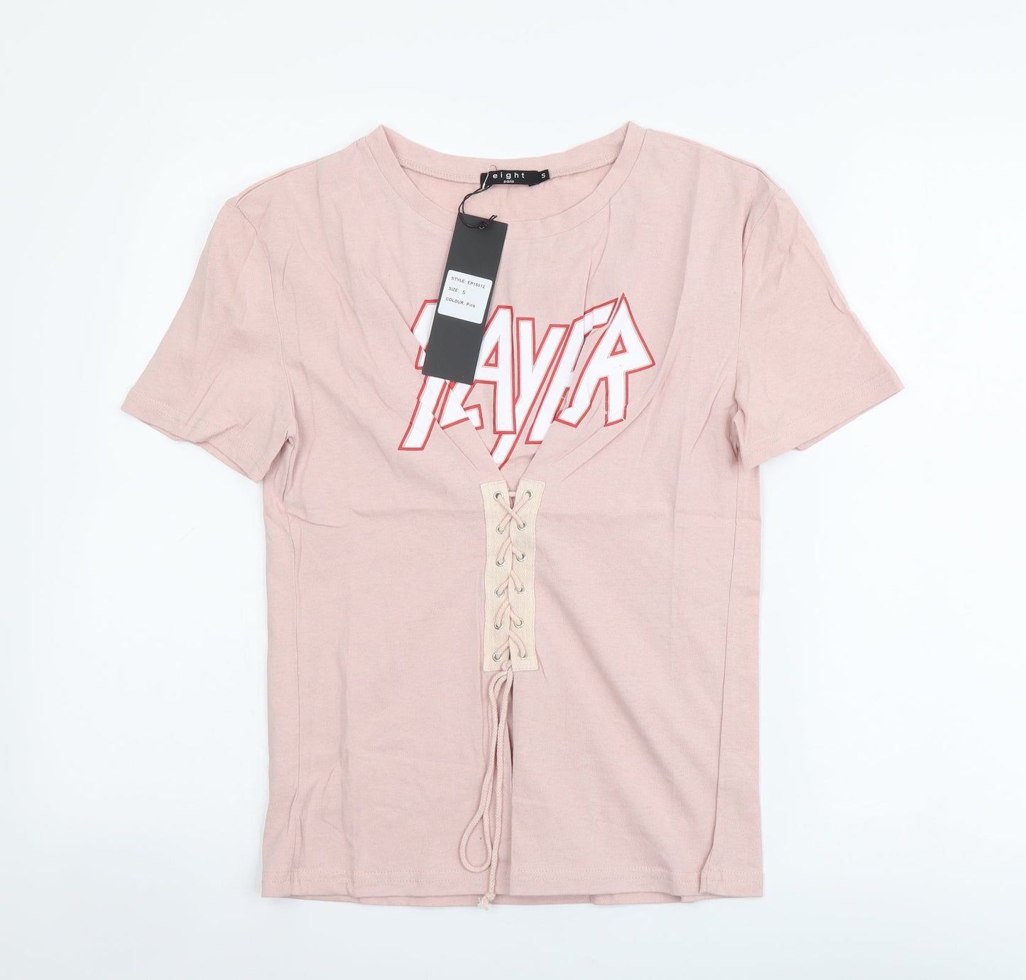 Eight Womens Pink Cotton Basic T-Shirt Size S Round Neck - Lace Up Detail