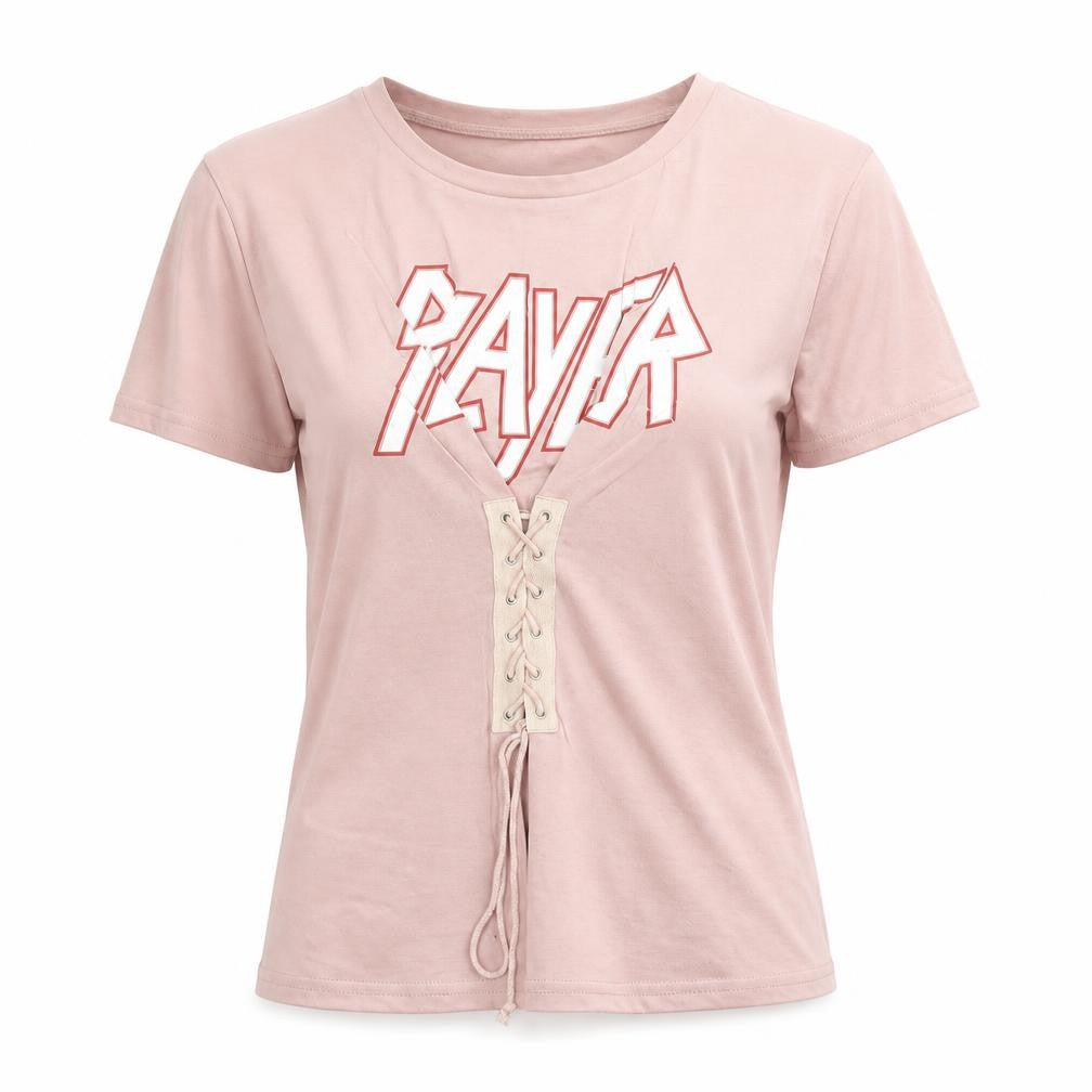 Eight Womens Pink Cotton Basic T-Shirt Size S Round Neck - Lace Up Detail