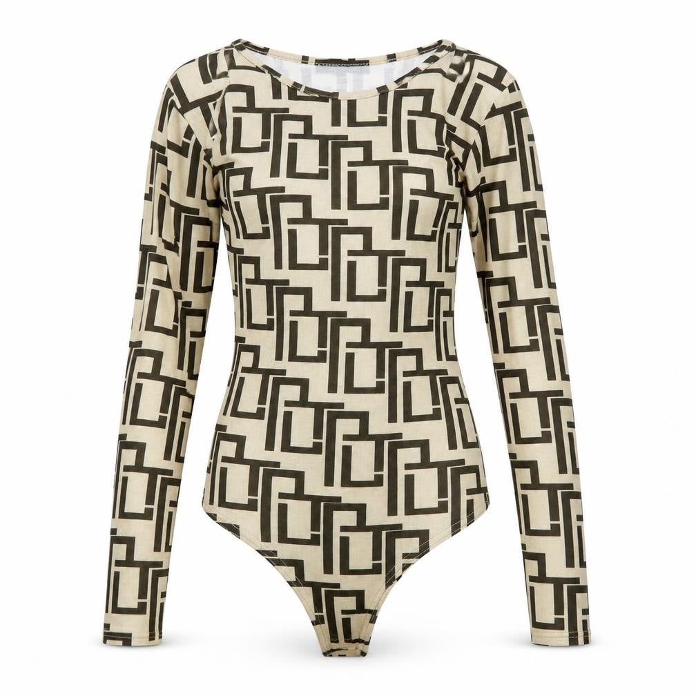 PRETTYLITTLETHING Womens Beige Geometric Polyester Bodysuit One-Piece Size 8 Snap